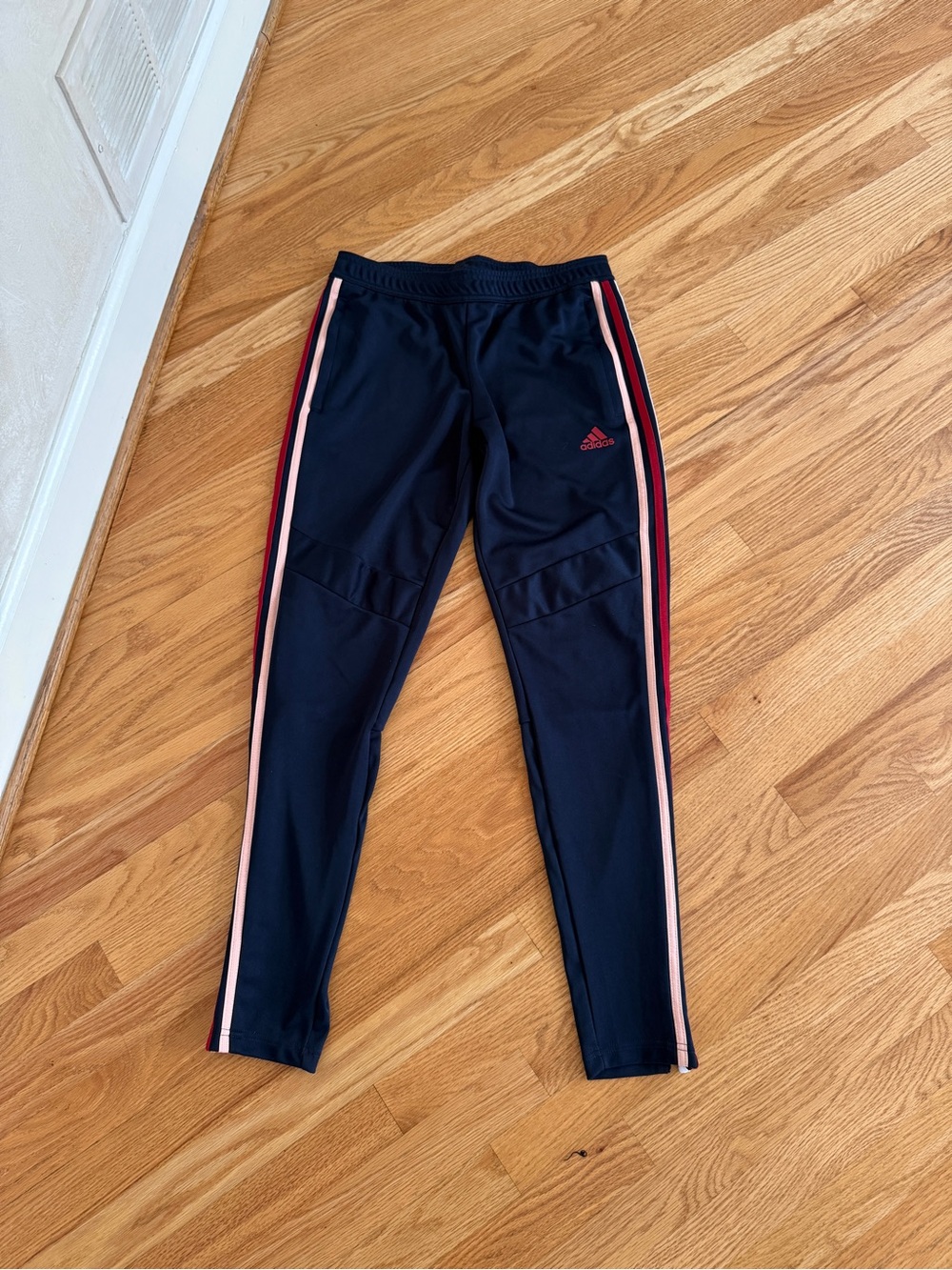 Adidas joggers pants navy pink red and white stripes